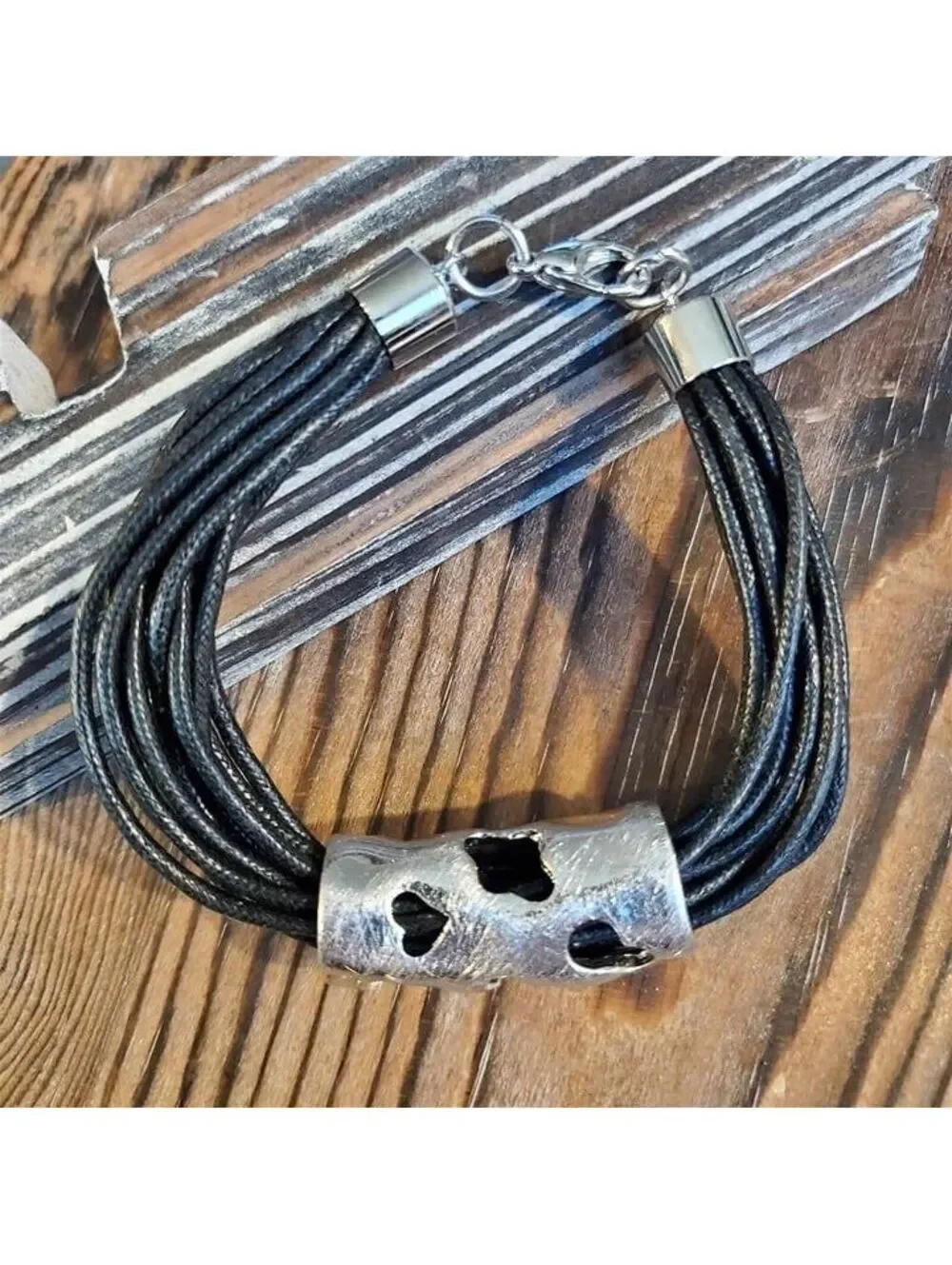 Avant Garde Silver Black Statement Bracelet Cutout Geometric Black Cotton